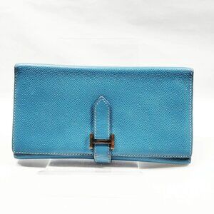 $3495 Authentic HERMES Made in FRANCE Unisex Blue Leather Trifold Long Wallet